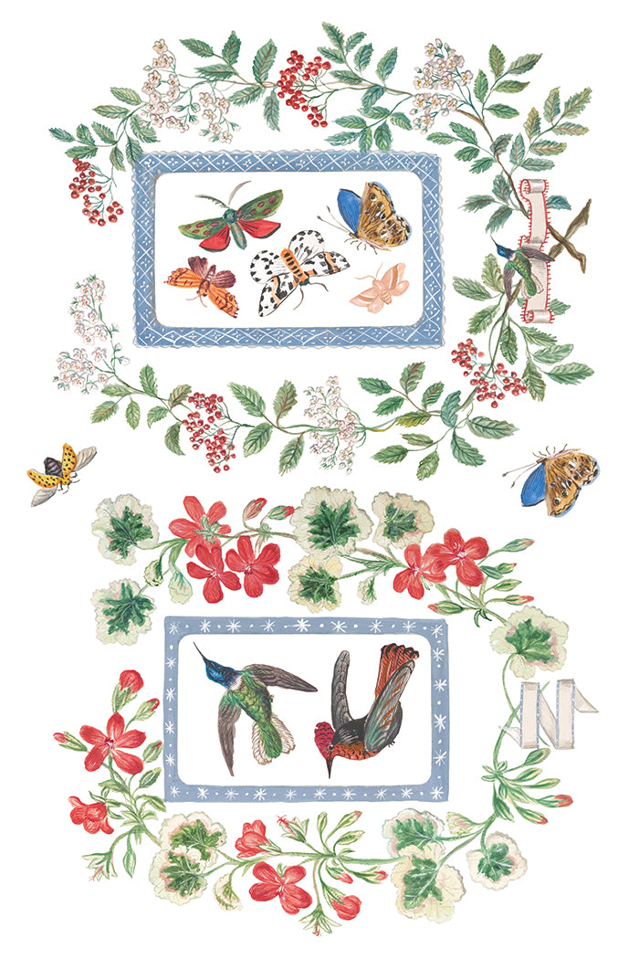 Decorative design with butterflies, flowers, and leaves on a white background by Iron Orchid Designs