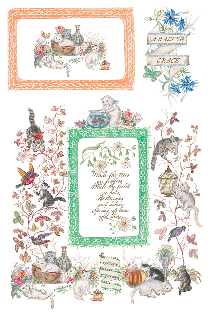 Decorative paper with illustrations of animals, flowers, and text on a white background by Iron Orchid Designs