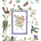 Decorative design with birds, flowers, and a purple frame on a white background by Iron Orchid Designs