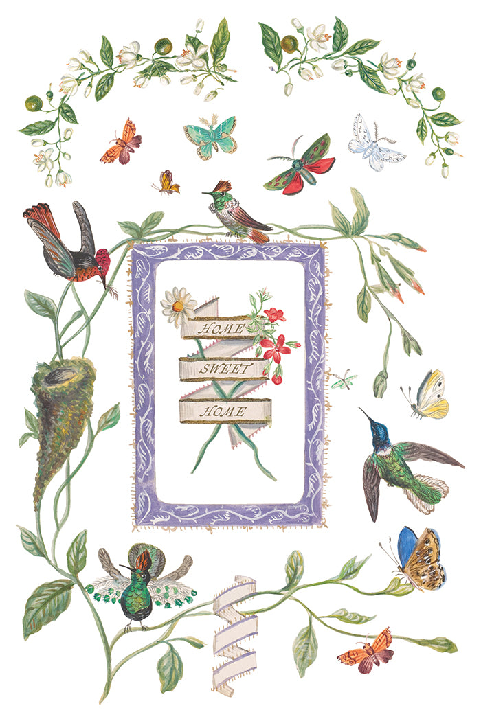 Decorative design with birds, flowers, and a purple frame on a white background by Iron Orchid Designs