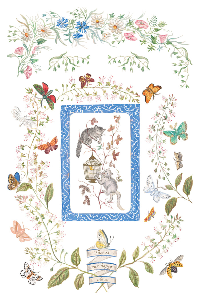 Decorative card with cats, birds, and flowers in a floral frame by Iron Orchid Designs