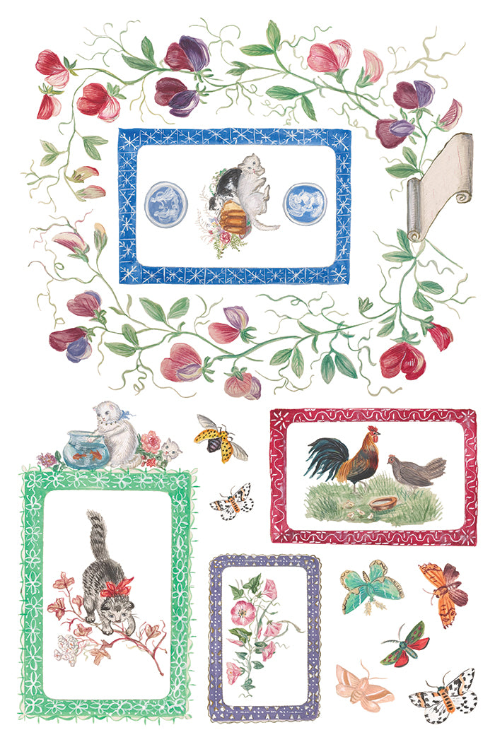 Decorative paper with animal illustrations, flowers, and borders by Iron Orchid Designs