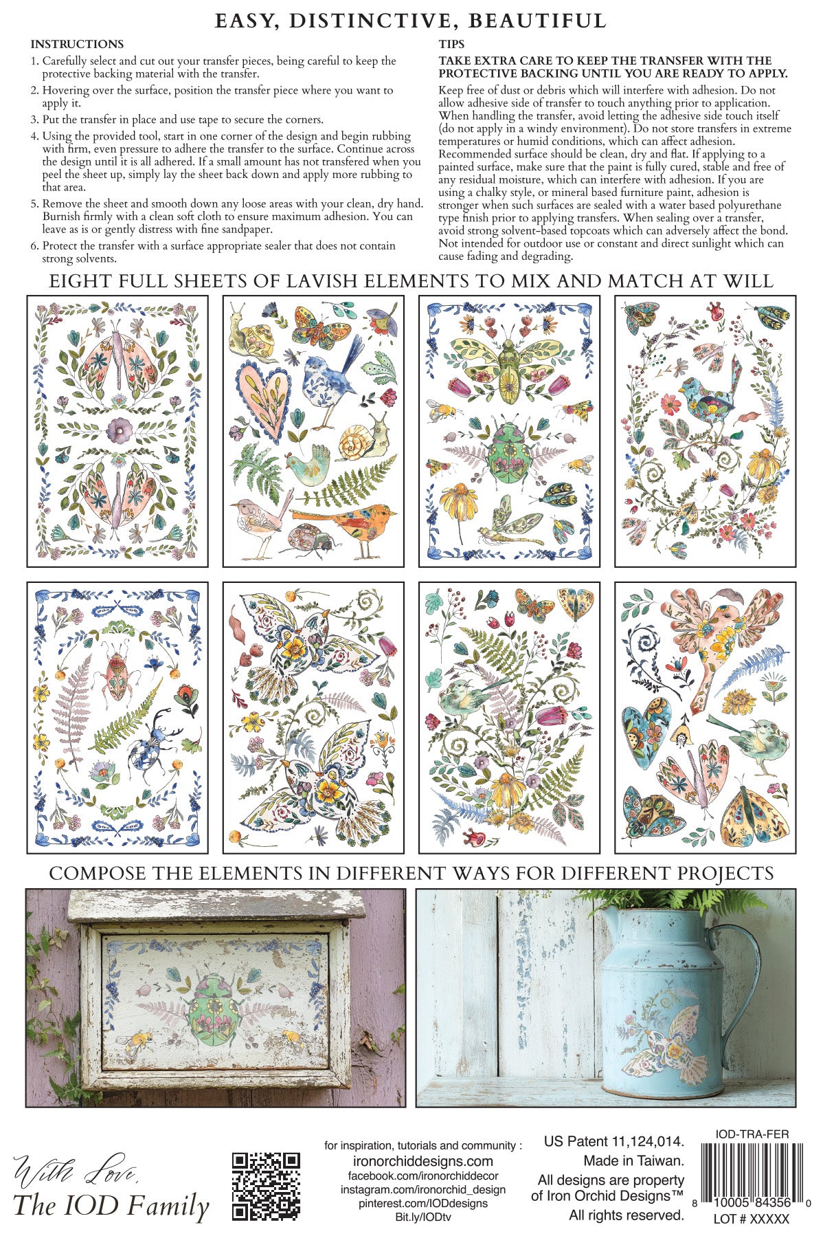 Sheet of floral and nature-themed folk inspired patterns with IOD branding from Iron Orchid Designs Fern Fables transfer