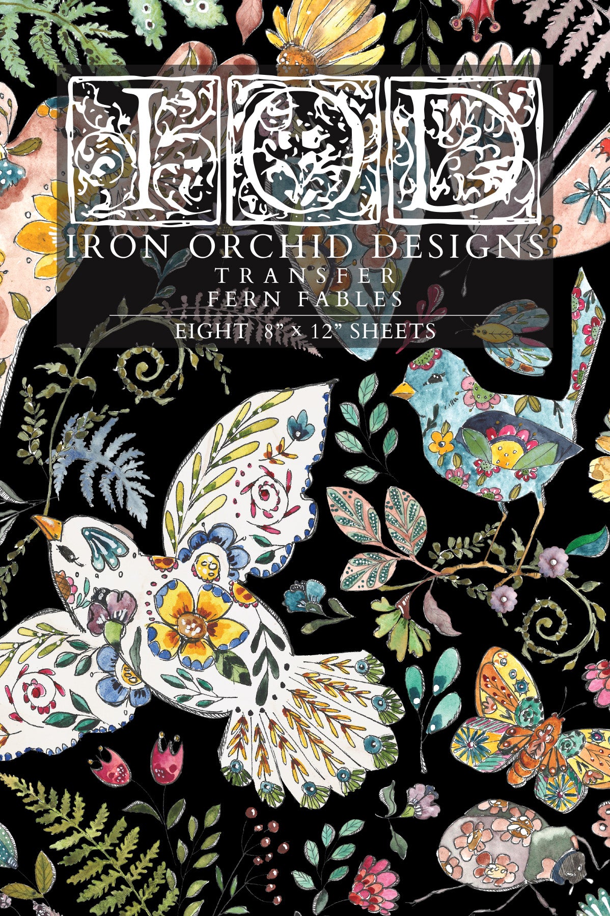 Iron Orchid Designs transfer with floral and butterfly designs on a black background from Iron Orchid Designs Fern Fables transfer