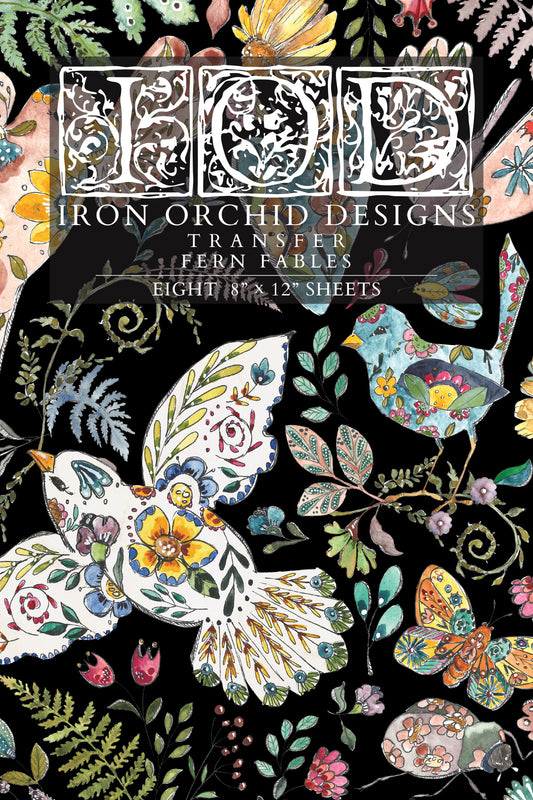 Iron Orchid Designs transfer with floral and butterfly designs on a black background from Iron Orchid Designs Fern Fables transfer