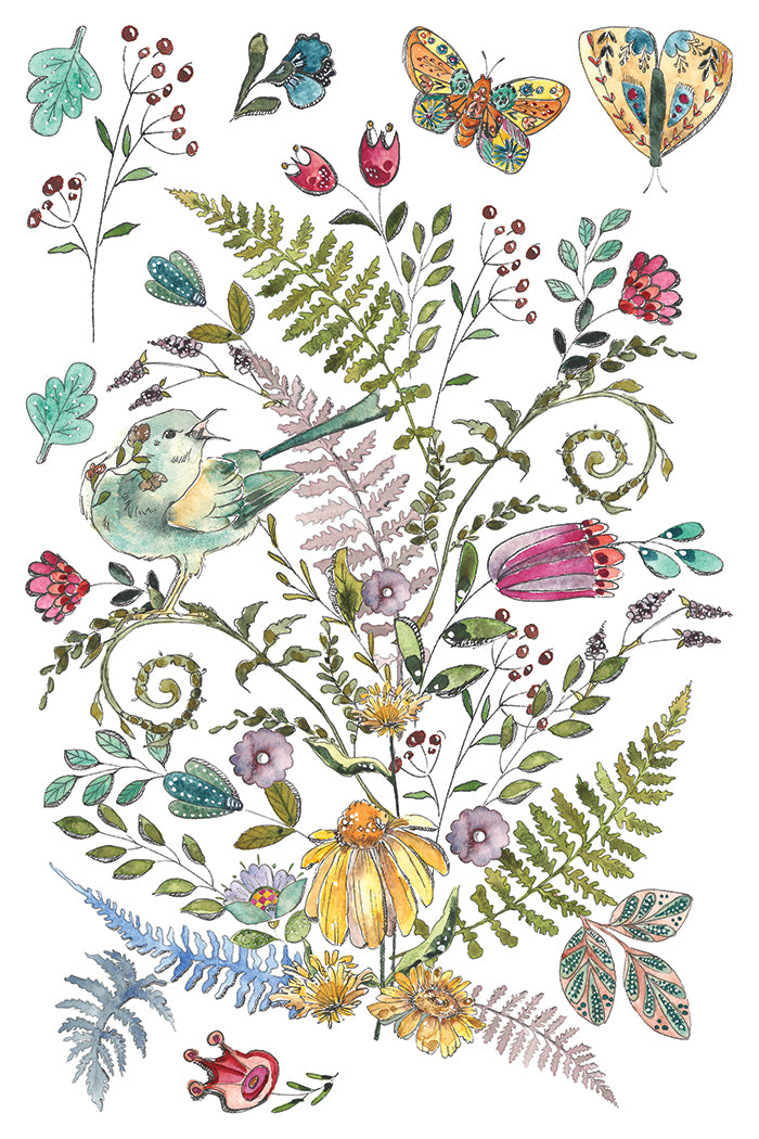 Colourful illustration of birds, flowers, and butterflies on a white background from Iron Orchid Designs Fern Fables transfer