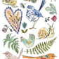 Illustrations of birds, butterflies, flowers, and other nature-themed elements on a white background from Iron Orchid Designs Fern Fables transfer
