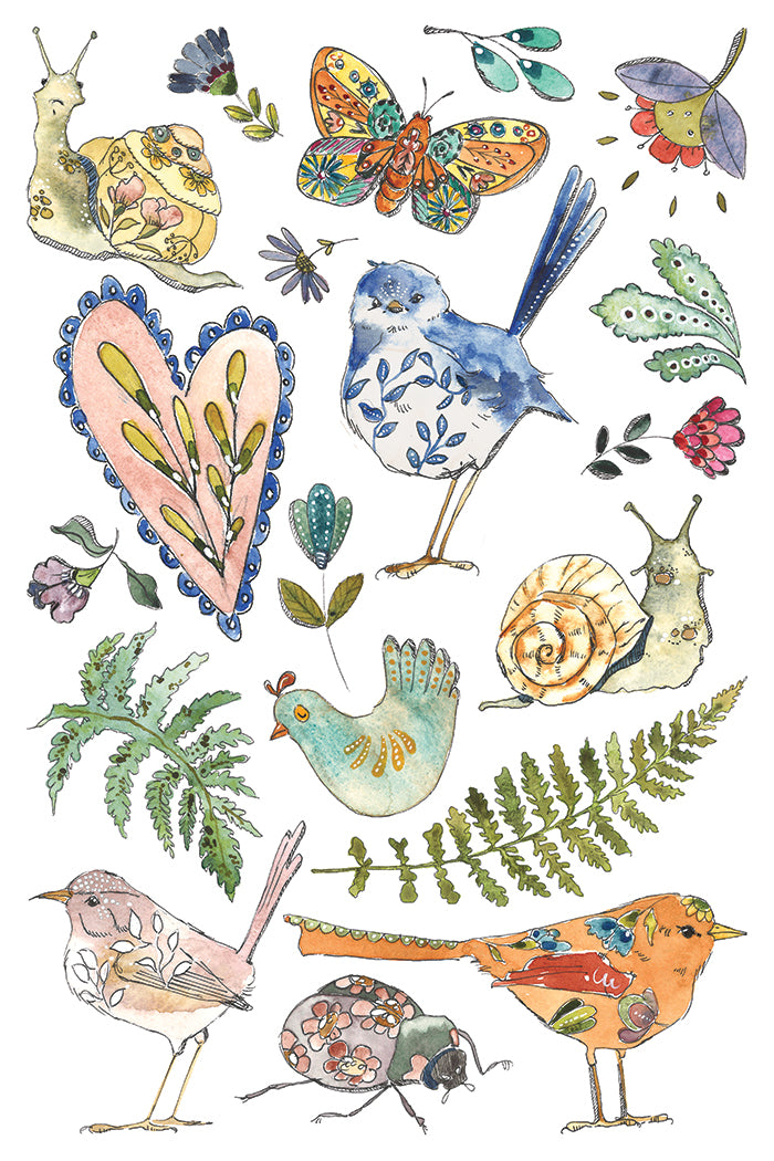 Illustrations of birds, butterflies, flowers, and other nature-themed elements on a white background from Iron Orchid Designs Fern Fables transfer