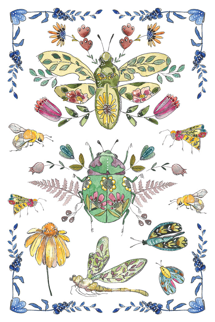 Colourful illustration of insects and flowers on a white background from Iron Orchid Designs Fern Fables transfer