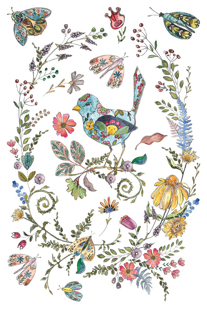 Colorful illustration of a bird surrounded by flowers and butterflies on a white background from Iron Orchid Designs Fern Fables transfer