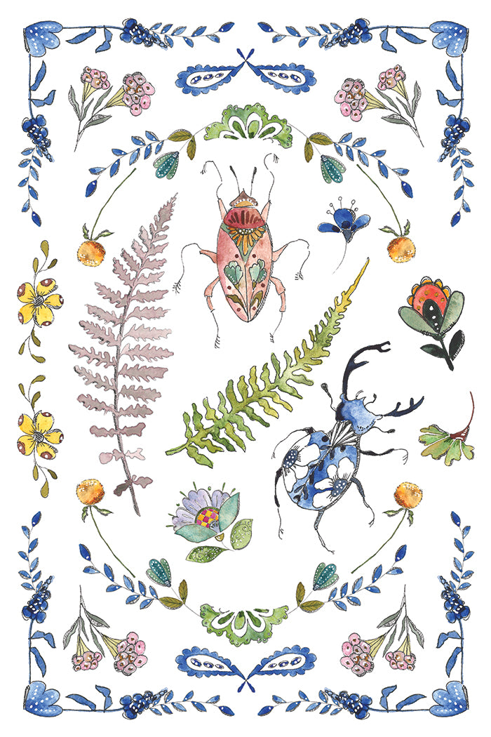 Illustration of insects and plants with a decorative border on a white background from Iron Orchid Designs Fern Fables transfer
