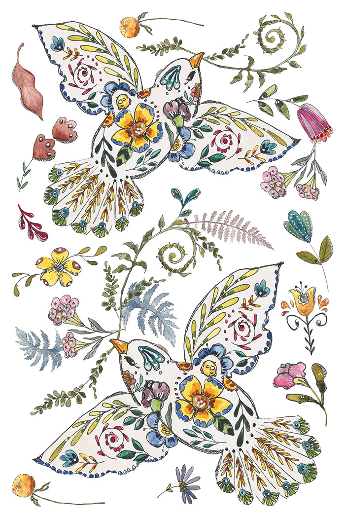 Colourful floral and bird design with intricate details on a white background from Iron Orchid Designs Fern Fables transfer