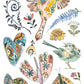 Colorful illustration of birds, butterflies, and flowers on a white background from Iron Orchid Designs Fern Fables transfer
