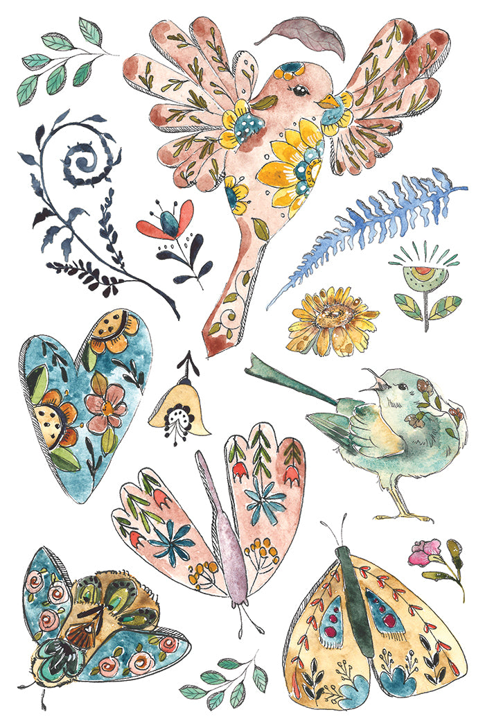 Colorful illustration of birds, butterflies, and flowers on a white background from Iron Orchid Designs Fern Fables transfer