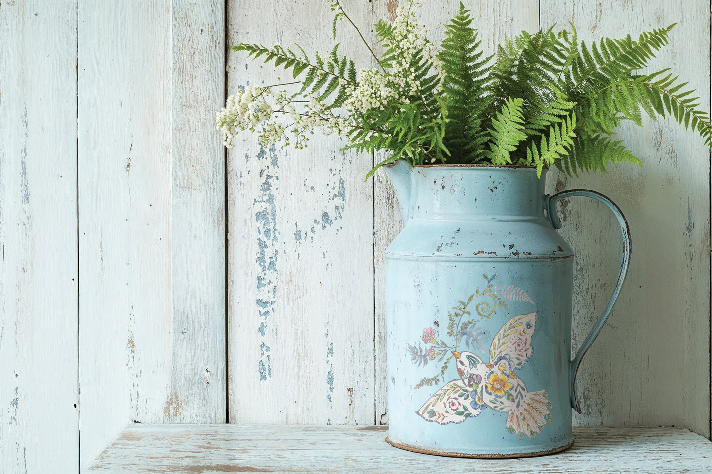 Decorative blue jug with floral design filled with green ferns and white flowers on a wooden surface from Iron Orchid Designs Fern Fables transfer