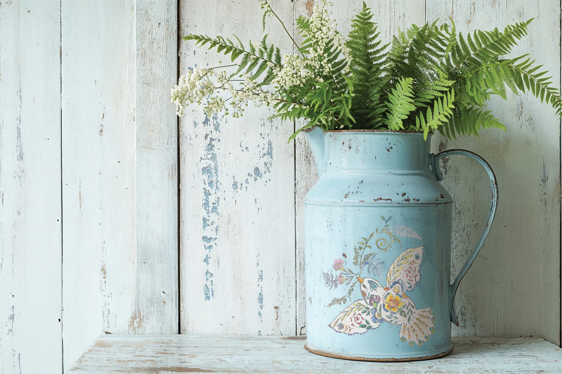 Decorative blue jug with floral design filled with green ferns and white flowers on a wooden surface from Iron Orchid Designs Fern Fables transfer