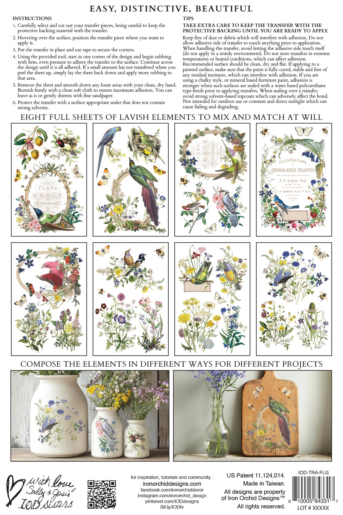 Sheet of decorative elements with birds, flowers, and text for crafting from Iron Orchid Designs