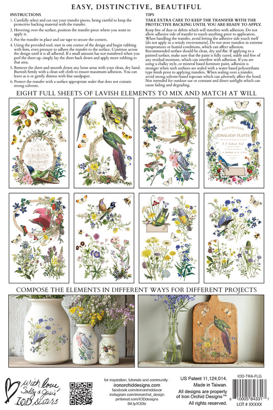 Sheet of decorative elements with birds, flowers, and text for crafting from Iron Orchid Designs
