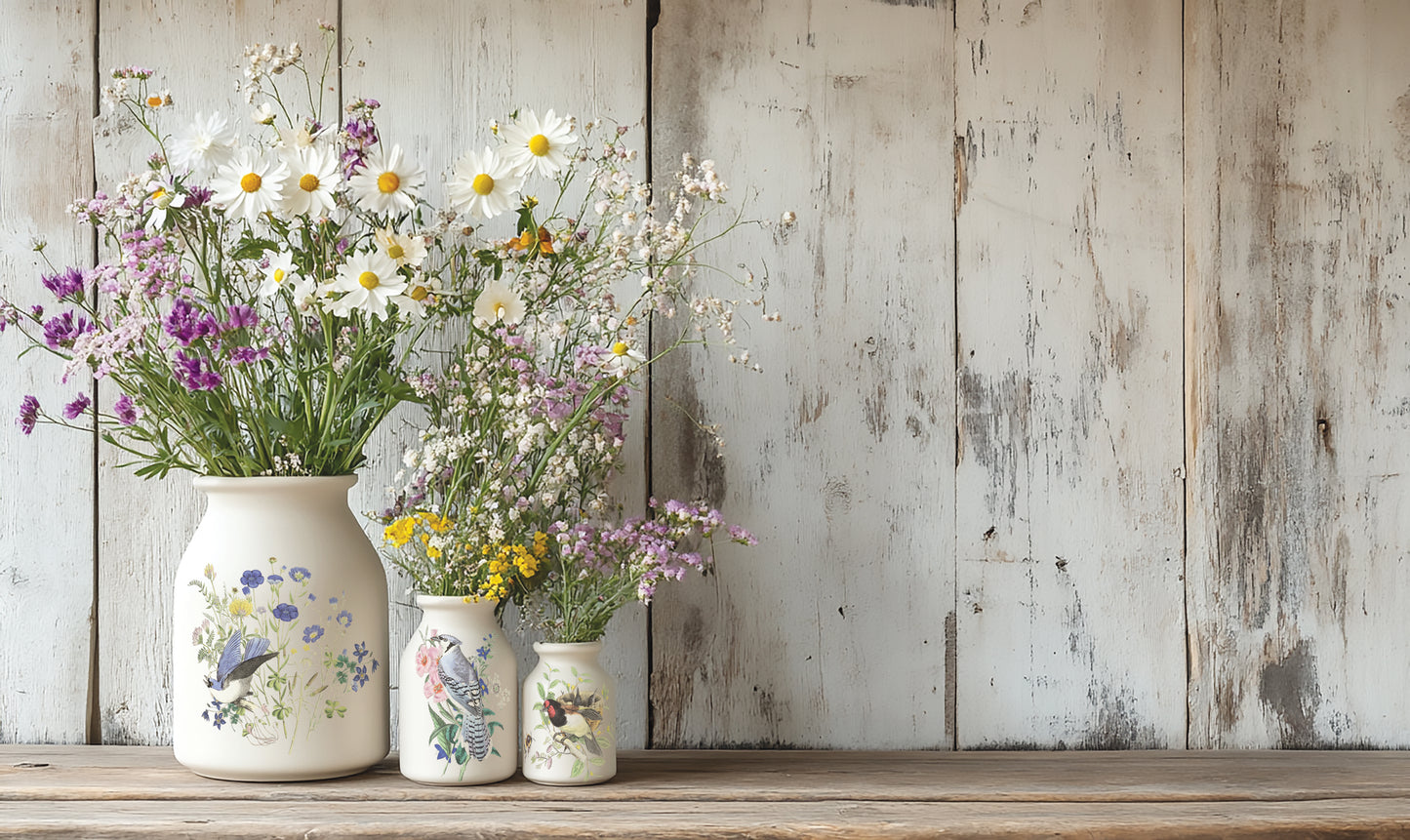 Three cream coloured decorative vases full of spring flowers standing on a wooden table top in front of a rustic white planked wall. The vases are decorated with Flora Greca from Iron Orchid Designs