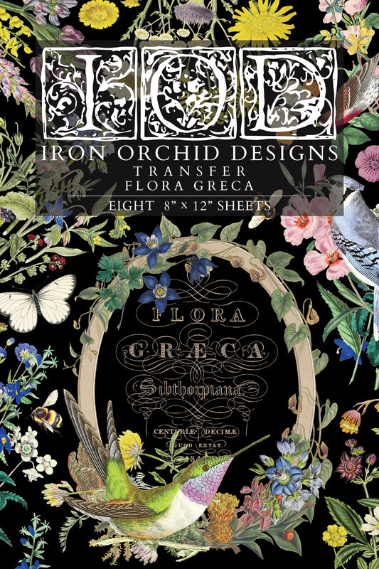 Front cover of Iron Orchid Designs Flora Greca Transfer. Brightly coloured florals and birds with text on a black background