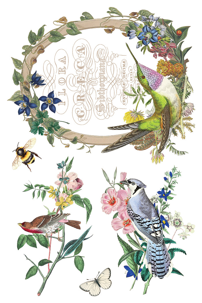 Decorative illustration with birds, flowers, and a wreath on a white background from Iron Orchid Designs