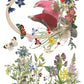 Decorative illustration of birds and flowers in a circular arrangement from Iron Orchid Designs
