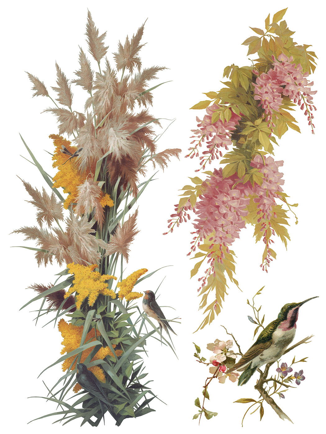 Decorative elements with flowers, birds, and plants on a white background from Iron Orchid Designs Flowers By The Poets transfer