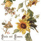 Vintage-style illustration of sunflowers, birds, and flowers with text on a white background from Iron Orchid Designs Flowers By The Poets transfer