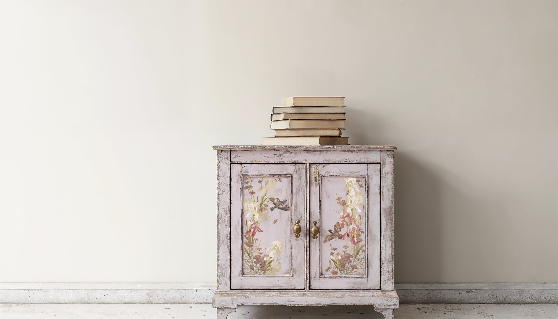 Vintage-style cabinet with floral designs on a white wall from Iron Orchid Designs Flowers By The Poets transfer