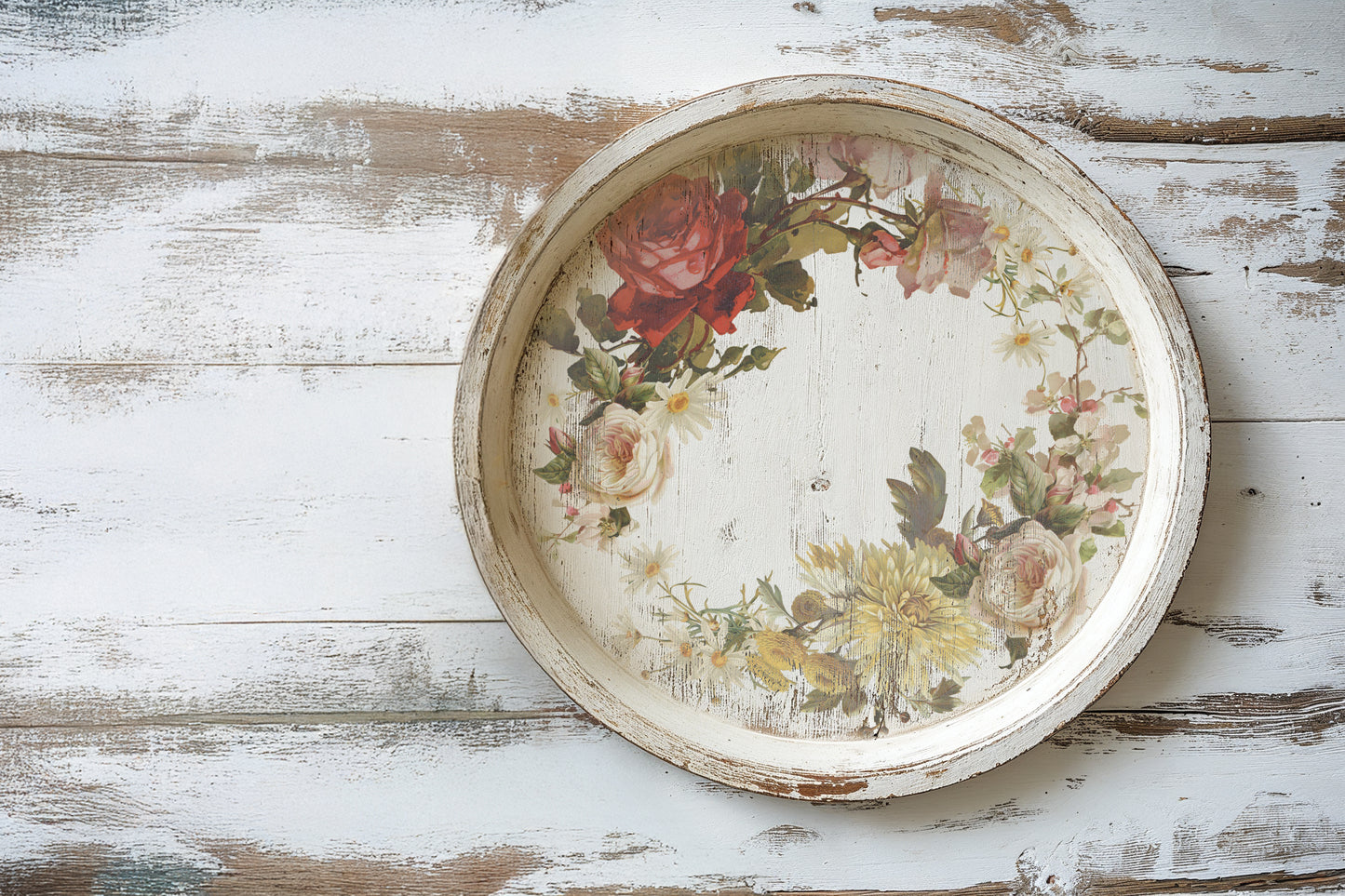 Round decorative tray with floral design on a wooden surface from Iron Orchid Designs Flowers By The Poets transfer
