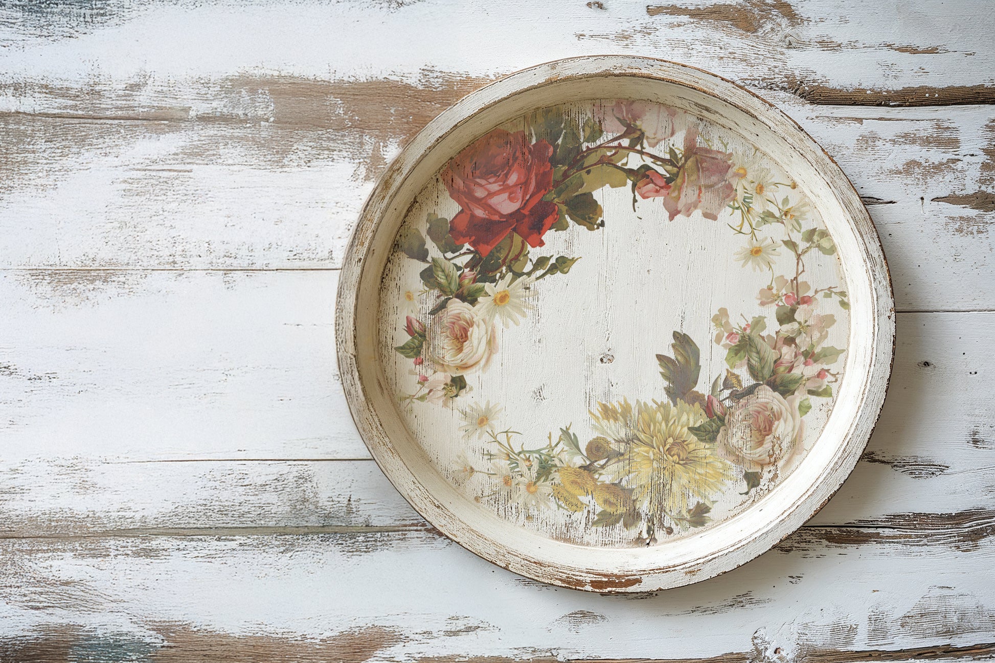 Round decorative tray with floral design on a wooden surface from Iron Orchid Designs Flowers By The Poets transfer
