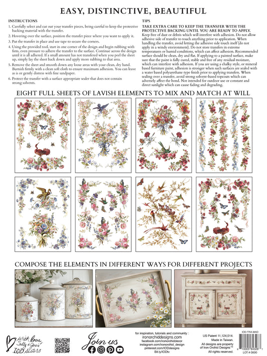 Floral design transfer sheets with decorative elements and instructions on a white background.