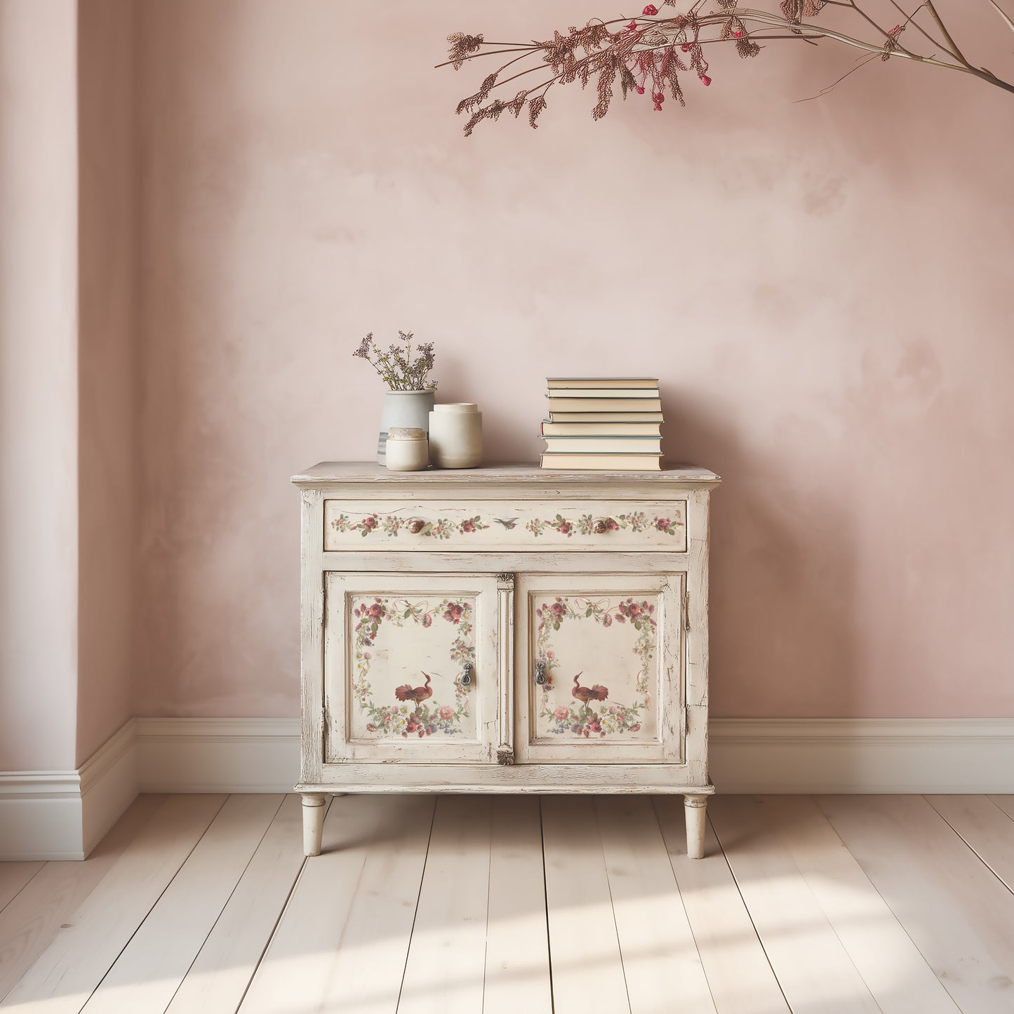 Vintage-style cabinet with floral design against a pink wall