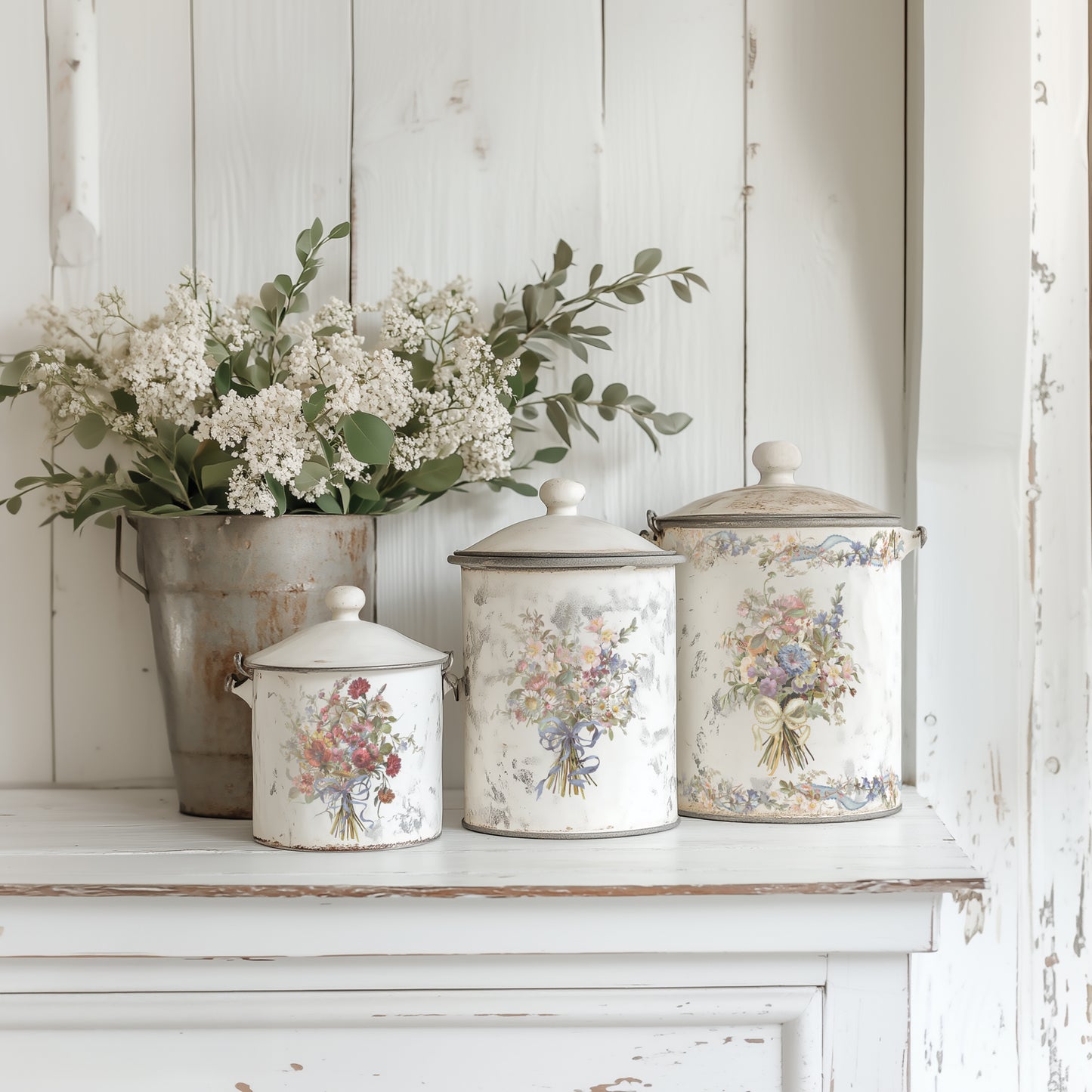 Decorative white pots with floral designs on a white surface with a wooden background