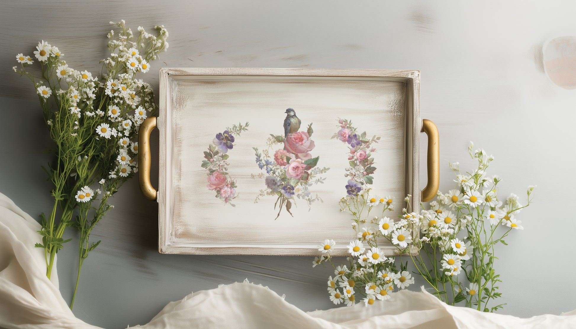 Decorative tray with floral design and bird illustration on a light gray surface with flowers around.