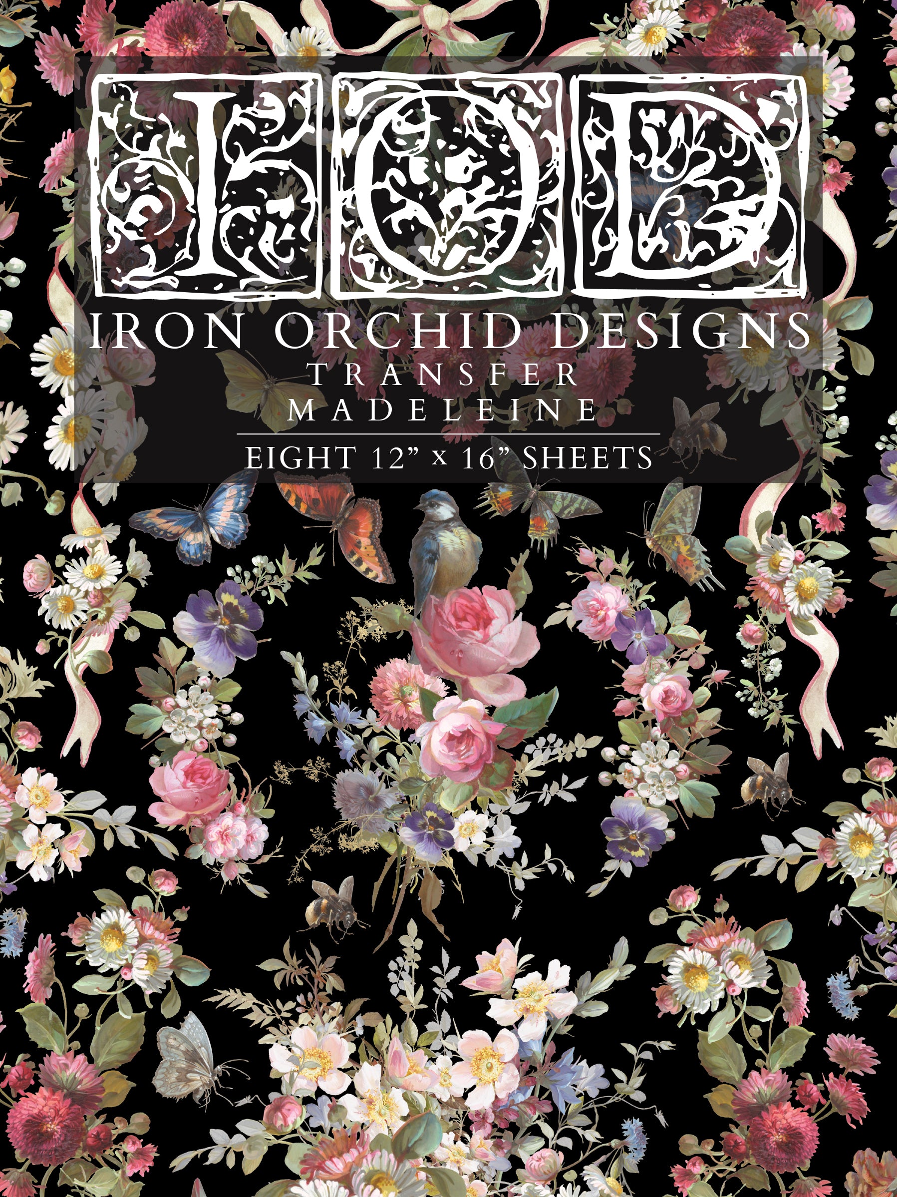 Iron Orchid Designs Madeleine transfer with floral and butterfly design on a black background