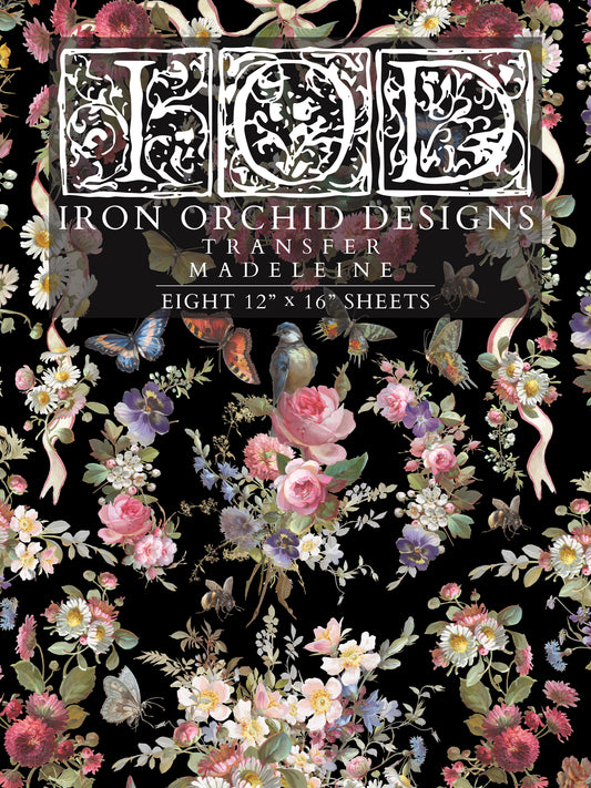 Iron Orchid Designs Madeleine transfer with floral and butterfly design on a black background
