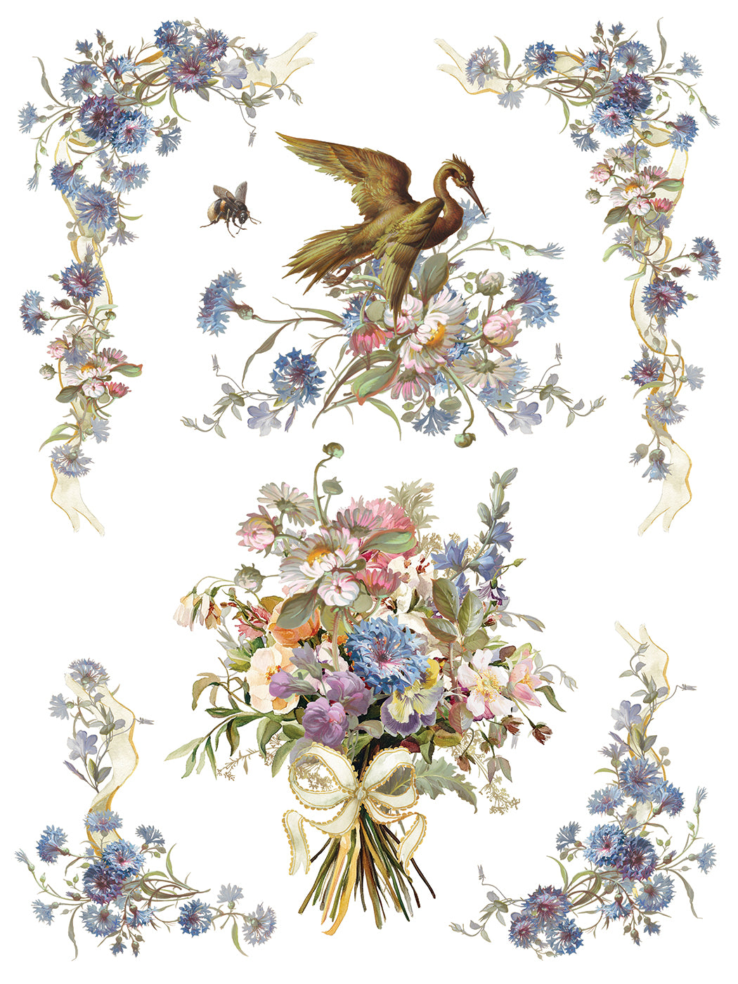 Decorative design with flowers, a bird, and a bow on a white background from Iron Orchid Designs Madeleine transfer