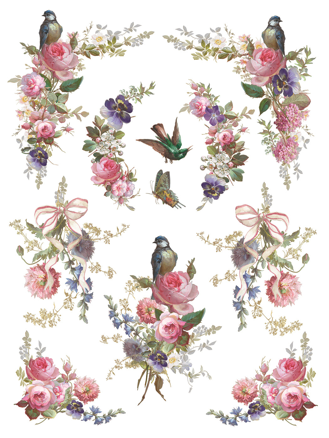 Decorative design with flowers, birds, and ribbons on a white background from Iron Orchid Designs Madeleine transfer