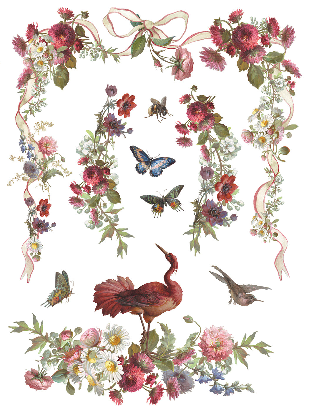 Decorative design with flowers, birds, and butterflies on a white background from Iron Orchid Designs Madeleine transfer