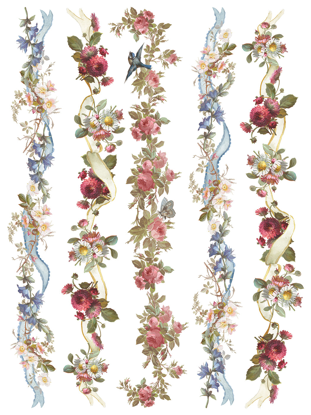 Decorative floral garland with ribbons on a white background from iron Orchid Designs Madeleine transfer