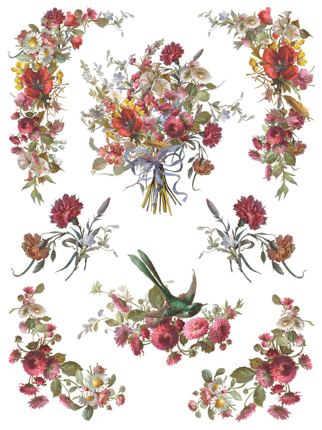 Decorative floral swags and bouquet and a bird on a white background