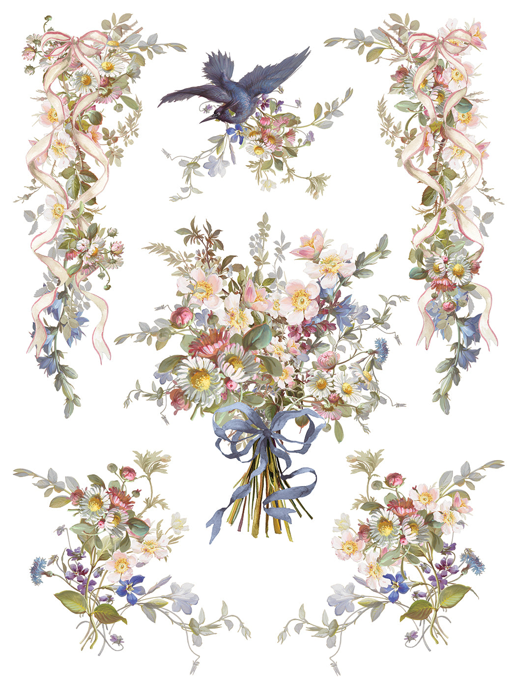 Decorative design with flowers, ribbons, and a bird on a white background