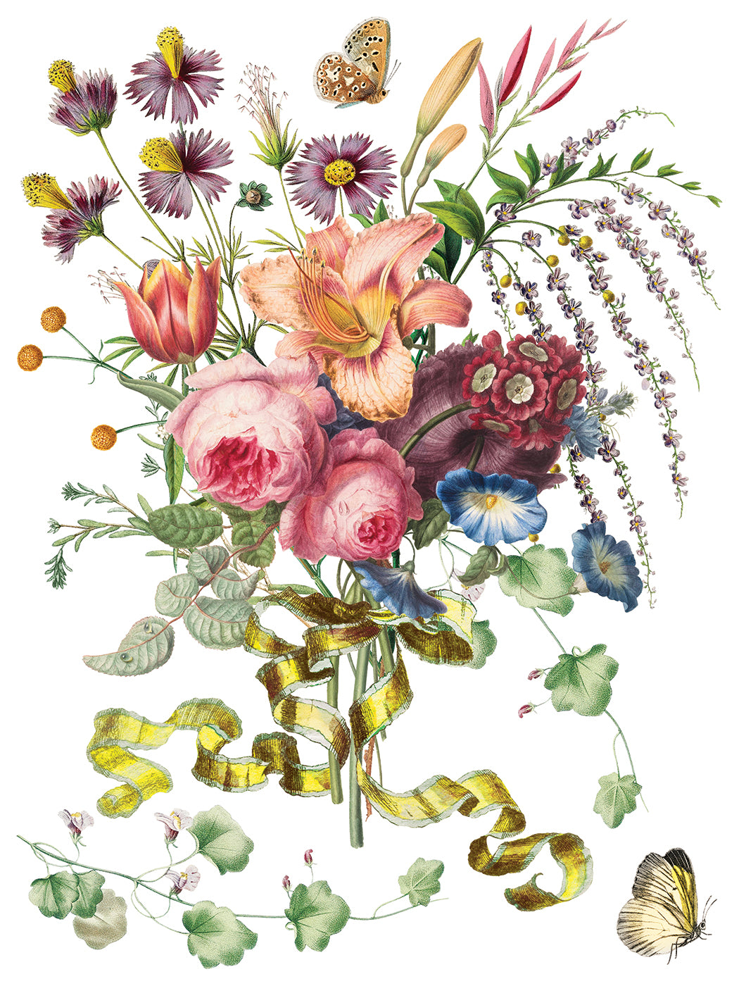Colourful bouquet of flowers with ribbons and butterflies on a white background from Iron Orchid Designs Marche des Fleurs