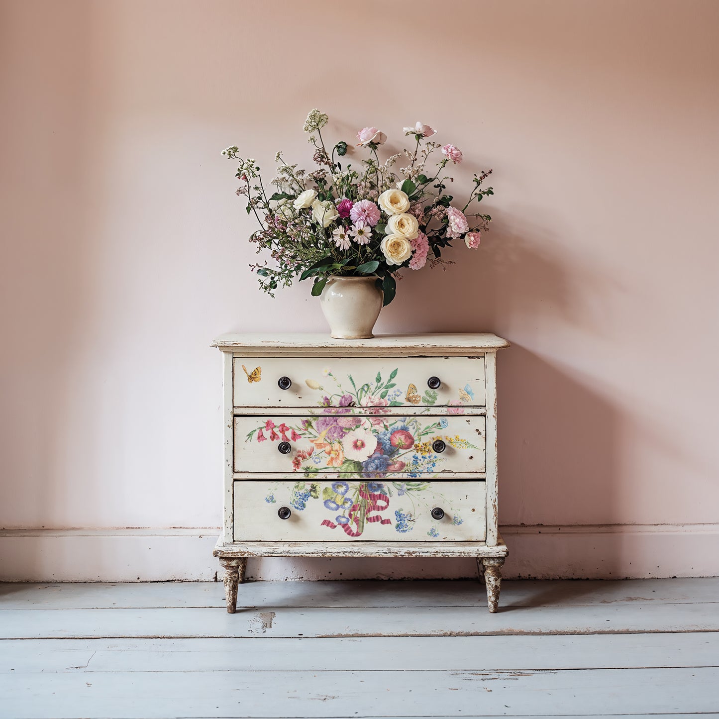 Decorative chest of drawers with floral patterns against a pink wall from Iron Orchid Designs Marche des Fleurs