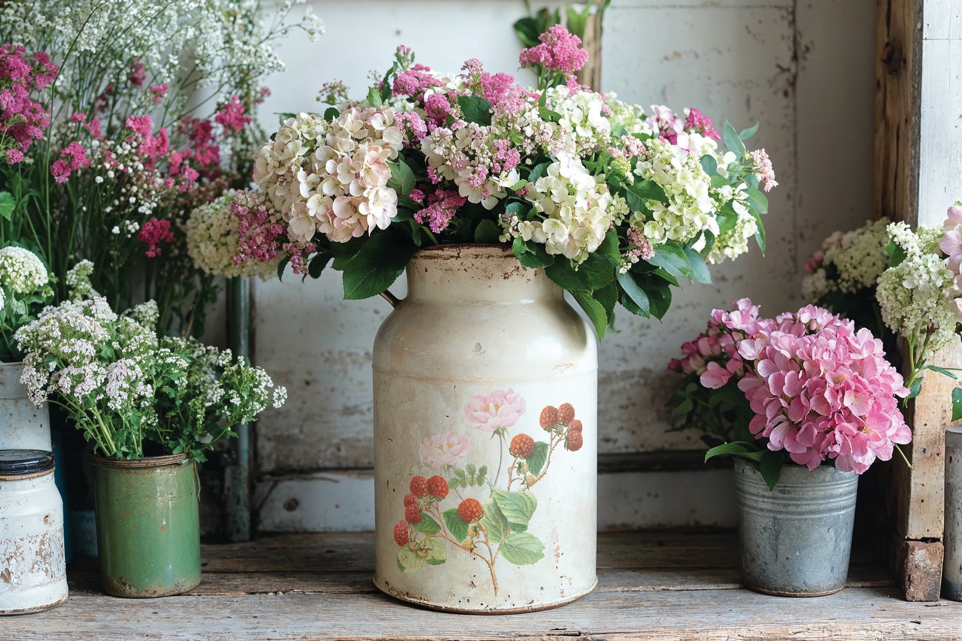 Vintage milk churn with floral arrangement surrounded by potted flowers on a rustic wooden surface from Iron Orchid Designs Marche des Fleurs