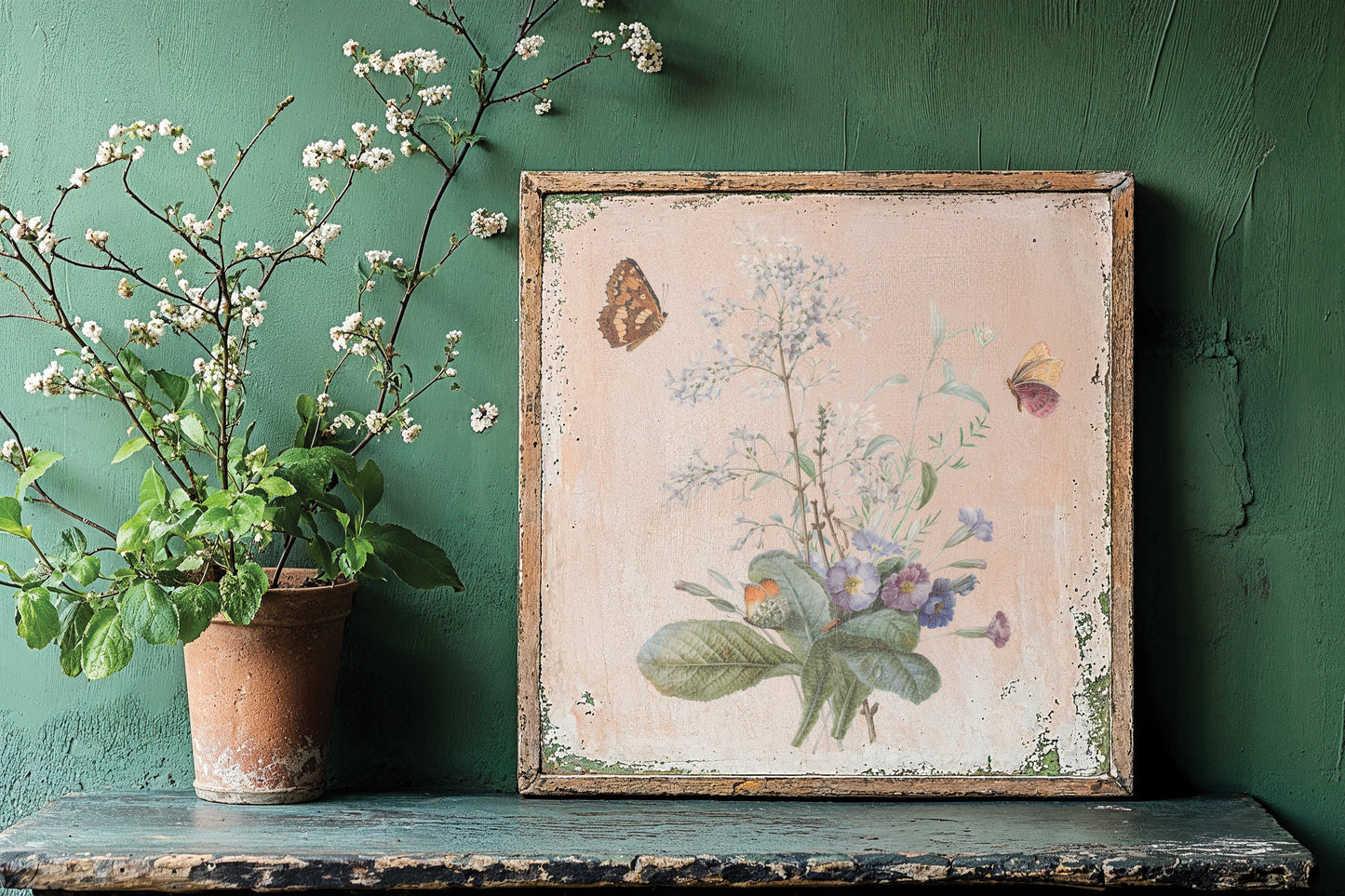 Decorative framed artwork with floral and butterfly design on a green wall from Iron Orchid Designs Marche des Fleurs