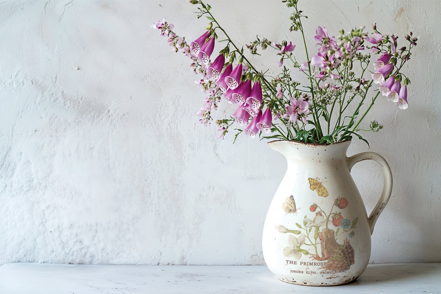 Vintage jug with floral arrangement against a white wall from Iron Orchid Designs Primrose Isle Transfer