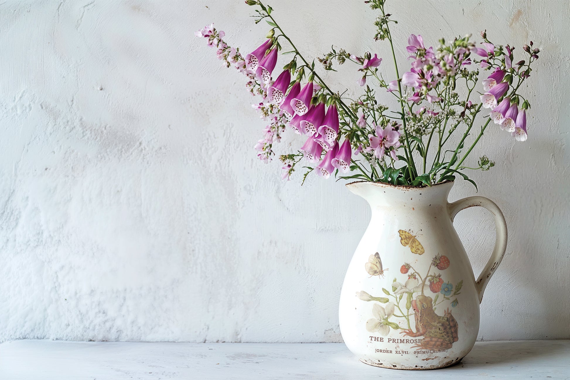 Vintage jug with floral arrangement against a white wall from Iron Orchid Designs Primrose Isle Transfer
