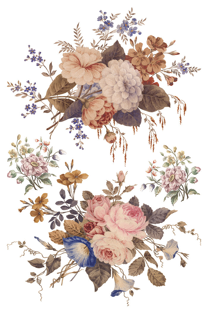 Decorative arrangement of flowers and leaves on a white background by Iron Orchid Designs
